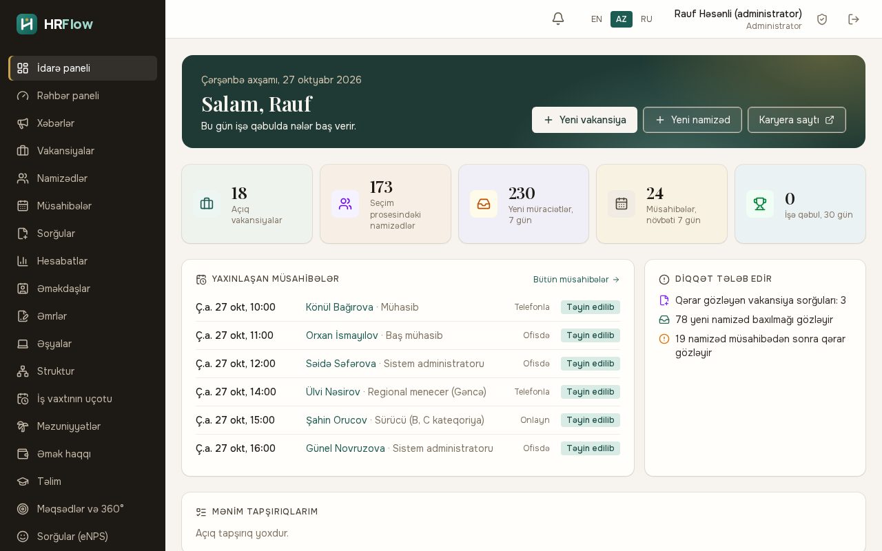 HRFlow: idarə paneli (nümunə şirkət)